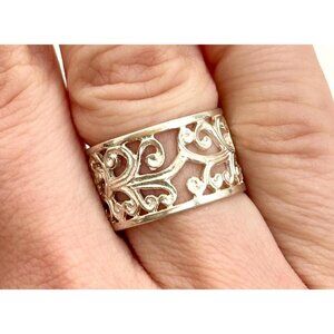 Ornate Cutout Floral Straight Chunky 925 Sterling Silver Vintage Ring - sz 6